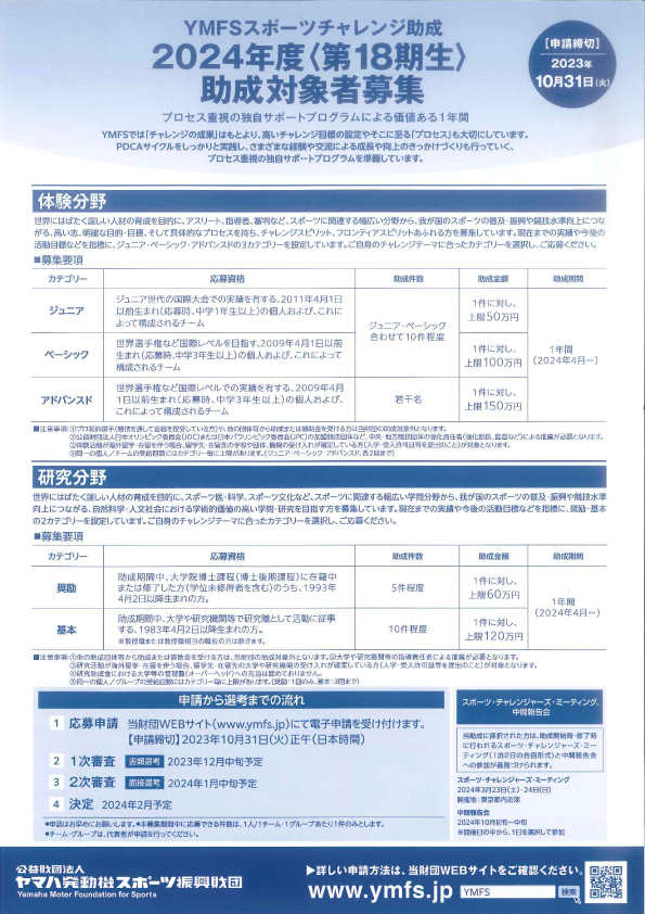 YMFSスポーツチャレンジ助成　2024年度＜第18期生＞助成対象者募集-2